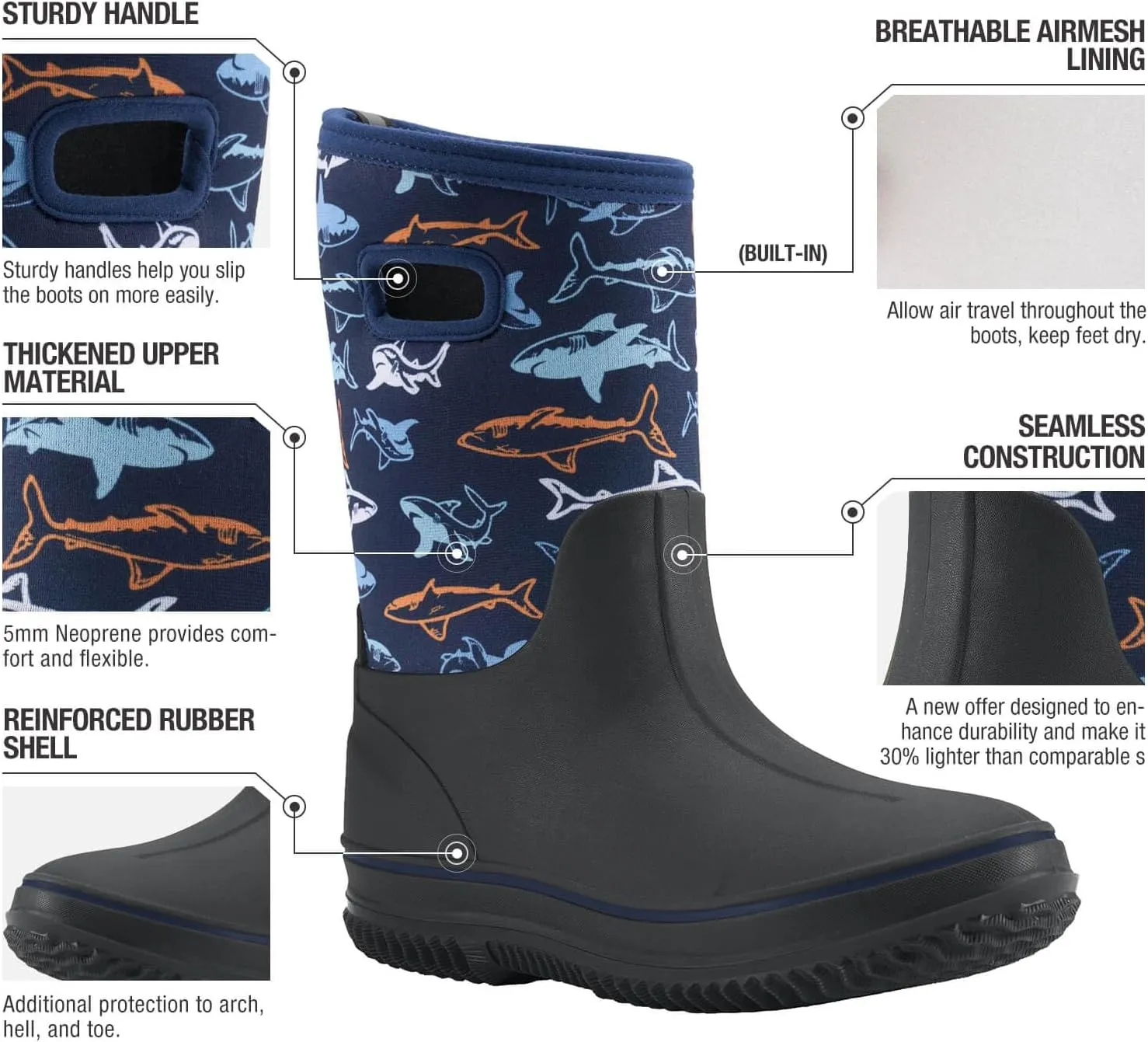 HISEA Kids Rain Boots for Boys Girls, Waterproof Insulated Rubber Neoprene Boots, Seamless Outdoor Boots with Handles Rainboot All Weather Mud Boots for Rain, Snow, Winter and Muck (Little Kid/Big Kid)