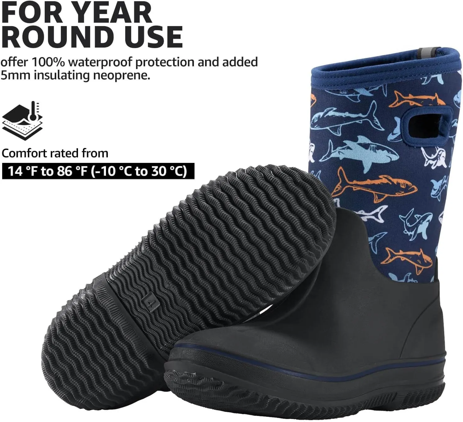 HISEA Kids Rain Boots for Boys Girls, Waterproof Insulated Rubber Neoprene Boots, Seamless Outdoor Boots with Handles Rainboot All Weather Mud Boots for Rain, Snow, Winter and Muck (Little Kid/Big Kid)