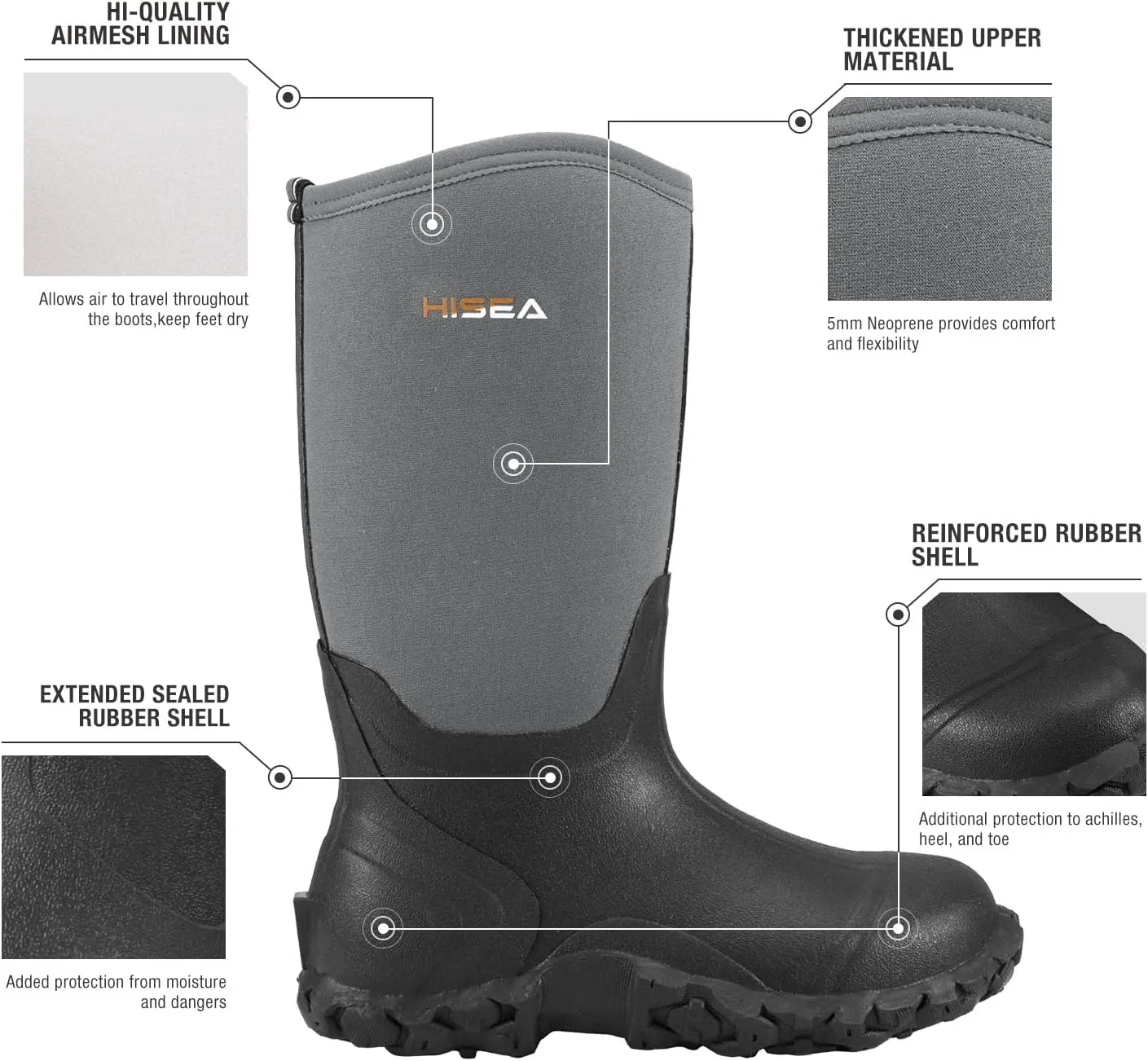 HISEA Men's Rain Boots Neoprene Rubber Boots Waterproof Insulated Mud Boots Mid Height Garden Shoes