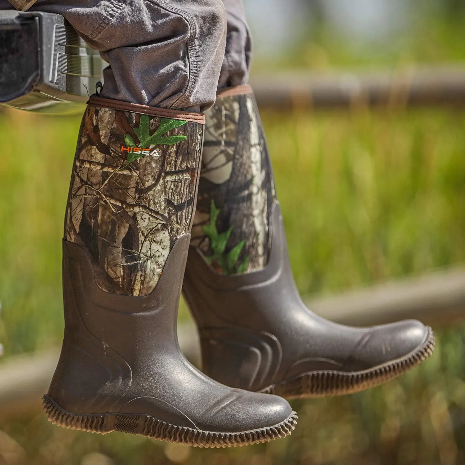 HISEA Men's Rain Boots, Waterproof Durable Insulated Rubber Boots for Men, 5 mm Neoprene Outdoor Mud Fishing Hunting Boots for Multi-Season (Black, Camo & Brown)