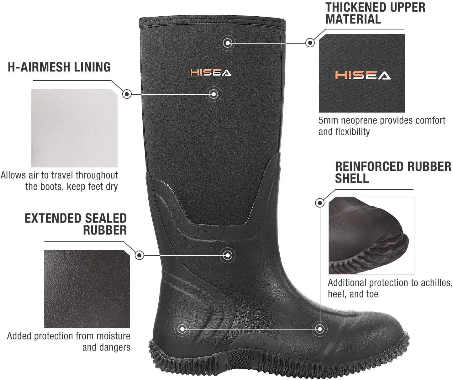 HISEA Men's Rain Boots, Waterproof Durable Insulated Rubber Boots for Men, 5 mm Neoprene Outdoor Mud Fishing Hunting Boots for Multi-Season (Black, Camo & Brown)