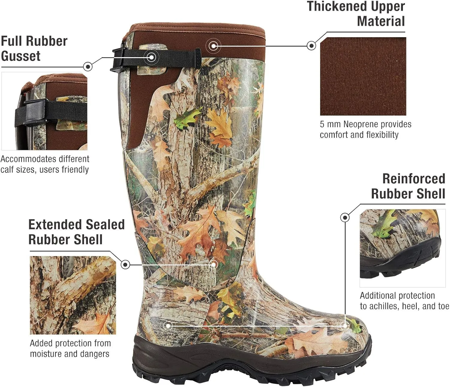 HISEA Rubber Hunting Boots, Tall Warm Neoprene Waterproof Insulated Basic Hunting Boots, Mens Adjustable Winter Boots Durable Slip Resistant Outdoor Hunting Fishing Working Boots for Men