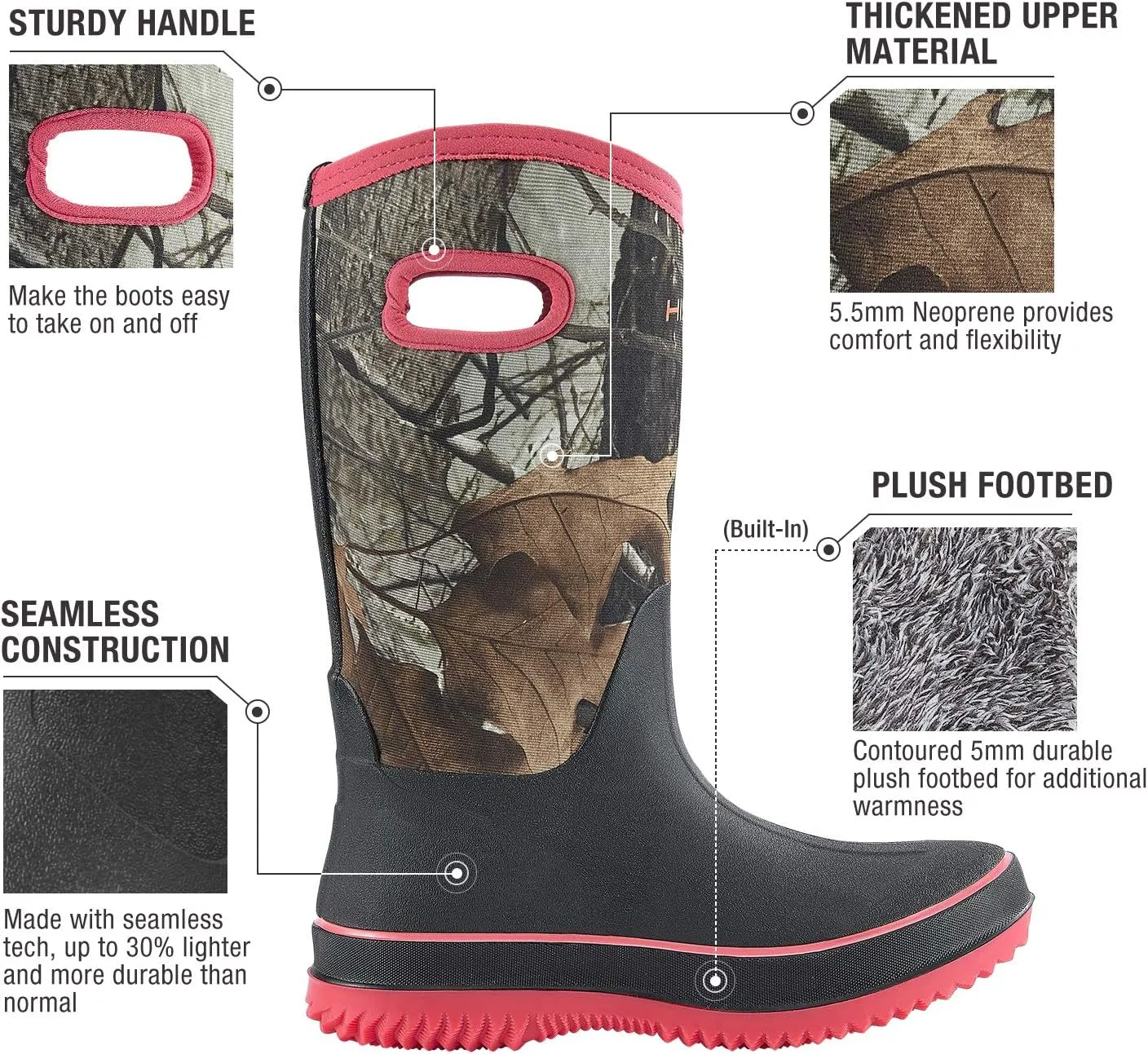 HISEA Women Mud Boots, Neoprene Rubber Garden Shoes Waterproof Mid Calf Rain Boots for Outdoor