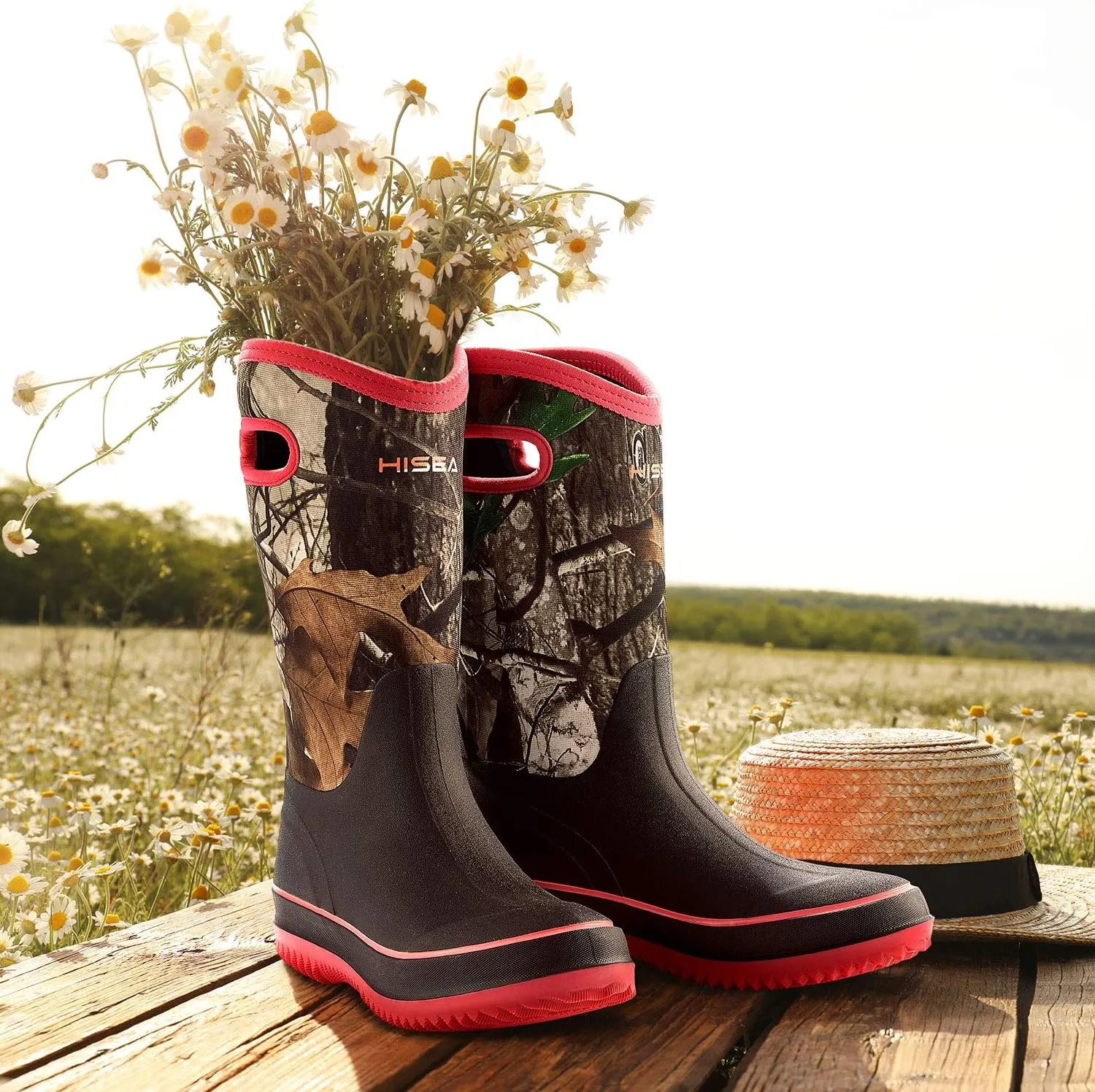 HISEA Women Mud Boots, Neoprene Rubber Garden Shoes Waterproof Mid Calf Rain Boots for Outdoor