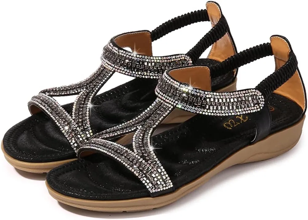 HNGHOU Sandals for Women Flats Shoes with Bohemian Rhinestone Comfortable Womens Beach Sandal Elastic Ankle Strap Slip On Summer Sandal