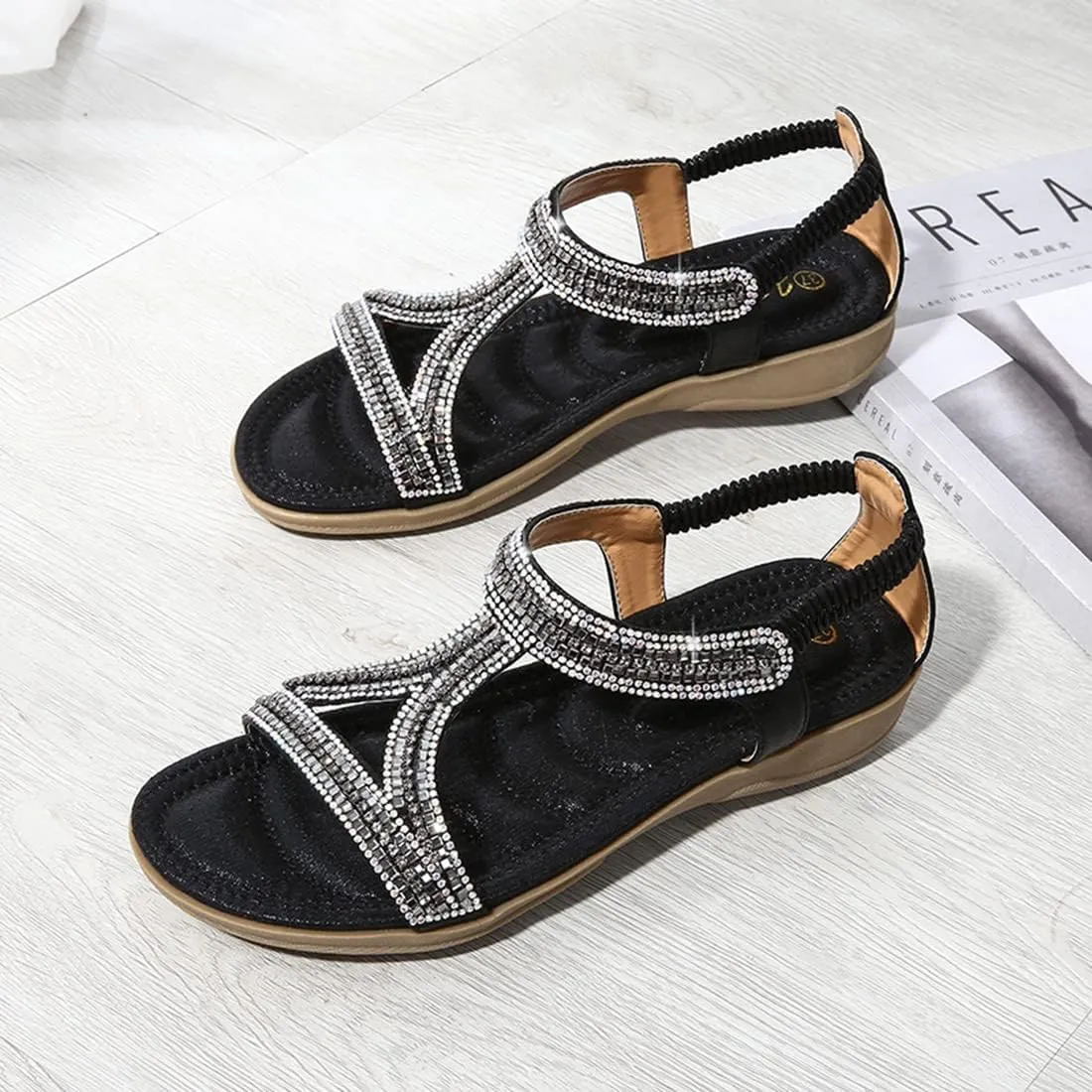 HNGHOU Sandals for Women Flats Shoes with Bohemian Rhinestone Comfortable Womens Beach Sandal Elastic Ankle Strap Slip On Summer Sandal