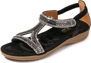 HNGHOU Sandals for Women Flats Shoes with Bohemian Rhinestone Comfortable Womens Beach Sandal Elastic Ankle Strap Slip On Summer Sandal