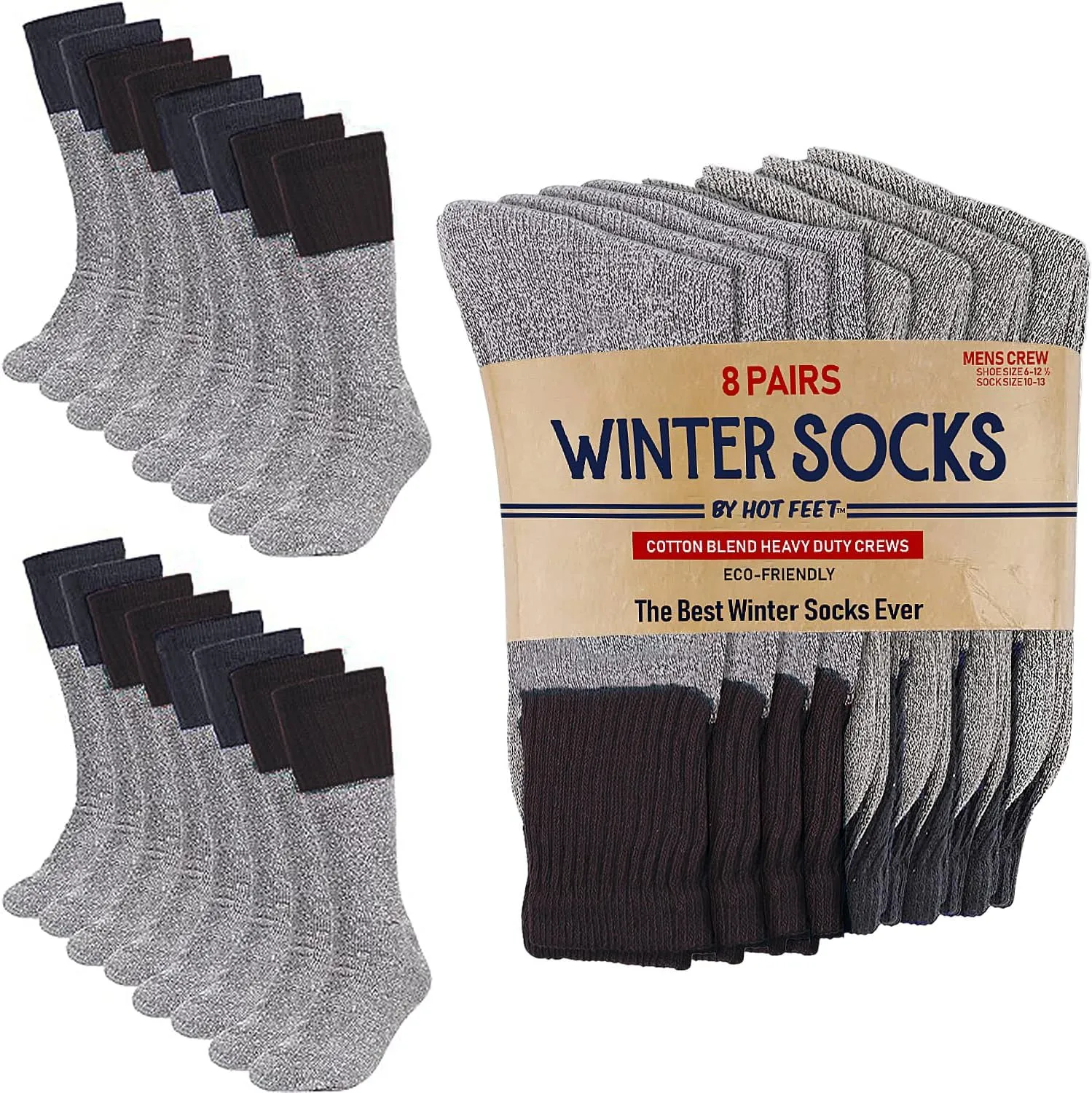 HOT FEET Winter Socks for Men – Warm Cozy Long Crew Cold Weather Boot Socks, Cotton Blend Work Mens Sock, 8 Pairs Size 6–16