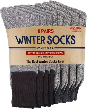 HOT FEET Winter Socks for Men – Warm Cozy Long Crew Cold Weather Boot Socks, Cotton Blend Work Mens Sock, 8 Pairs Size 6–16