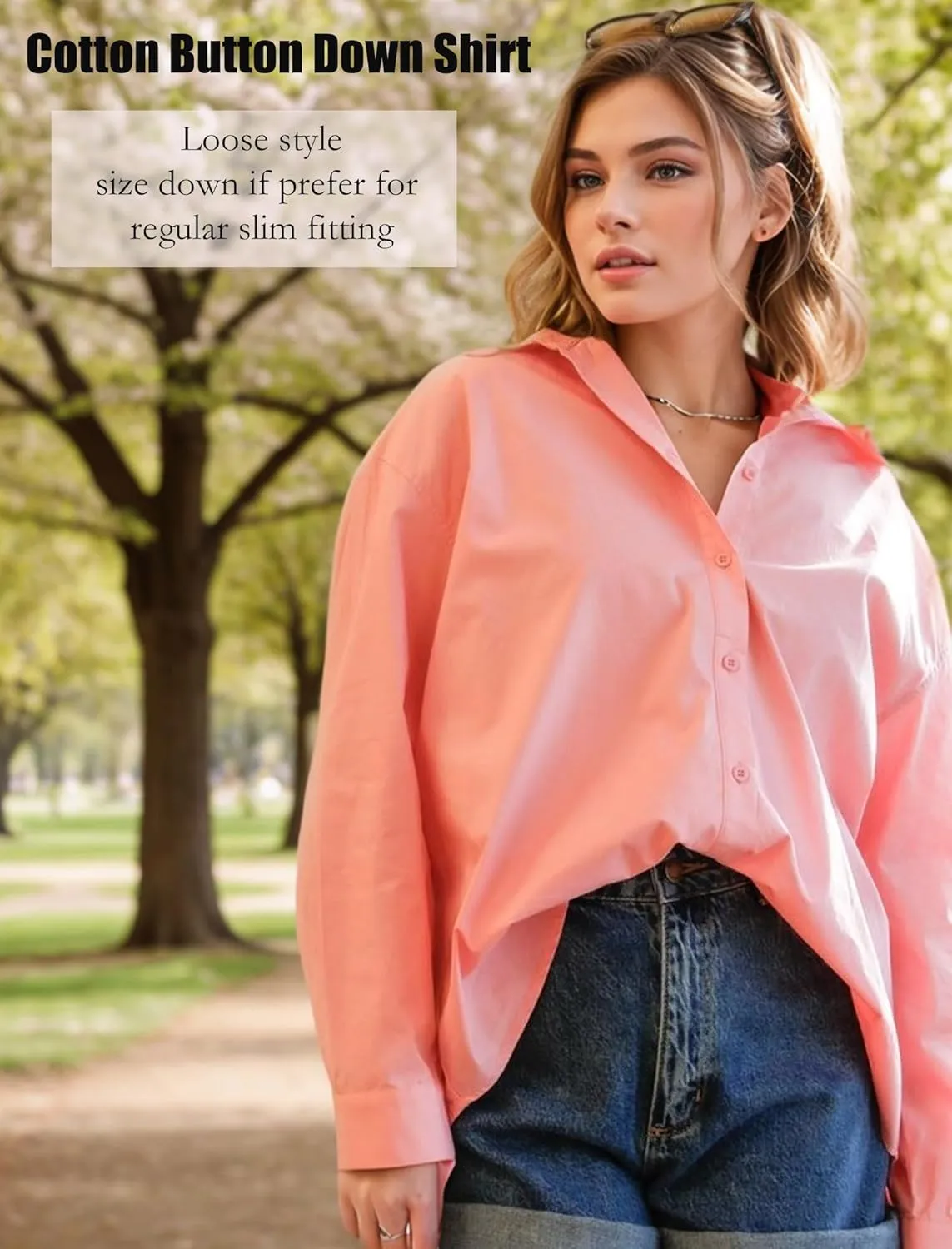 HOTOUCH Womens Button Down Shirt Basic Work Office Drop Shoulder Blouse Casual Loose Long Sleeve Tops with Pocket