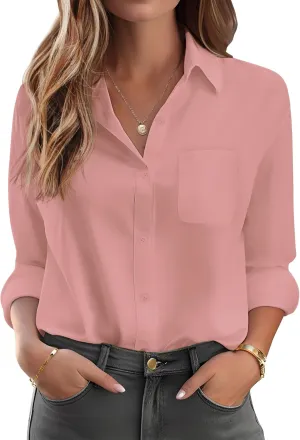 HOTOUCH Womens Button Down Shirt Basic Work Office Drop Shoulder Blouse Casual Loose Long Sleeve Tops with Pocket