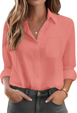HOTOUCH Womens Button Down Shirt Basic Work Office Drop Shoulder Blouse Casual Loose Long Sleeve Tops with Pocket
