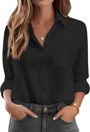 HOTOUCH Womens Button Down Shirt Basic Work Office Drop Shoulder Blouse Casual Loose Long Sleeve Tops with Pocket