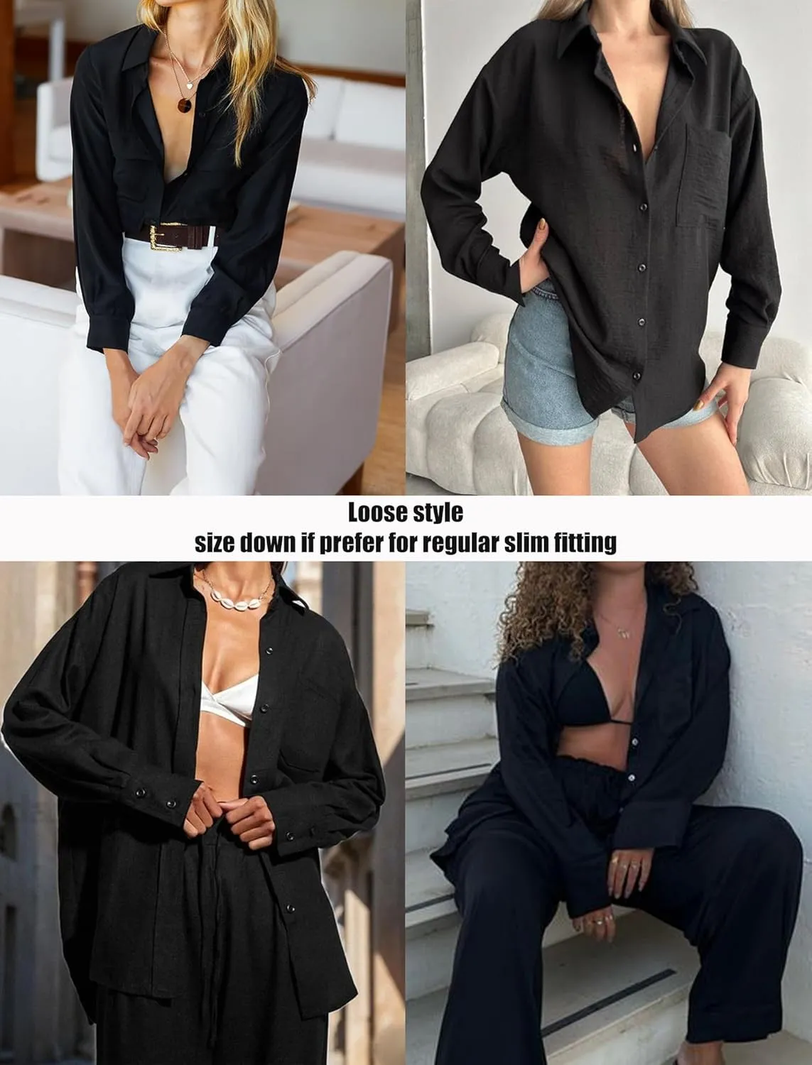 HOTOUCH Womens Button Down Shirt Basic Work Office Drop Shoulder Blouse Casual Loose Long Sleeve Tops with Pocket