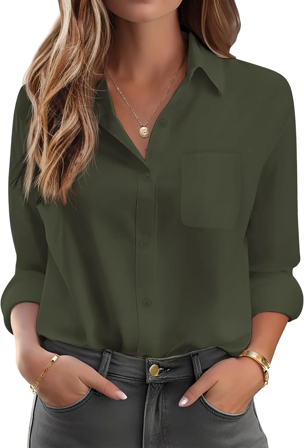 HOTOUCH Womens Button Down Shirt Basic Work Office Drop Shoulder Blouse Casual Loose Long Sleeve Tops with Pocket