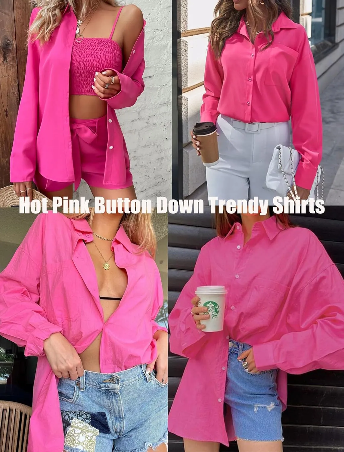 HOTOUCH Womens Button Down Shirt Basic Work Office Drop Shoulder Blouse Casual Loose Long Sleeve Tops with Pocket