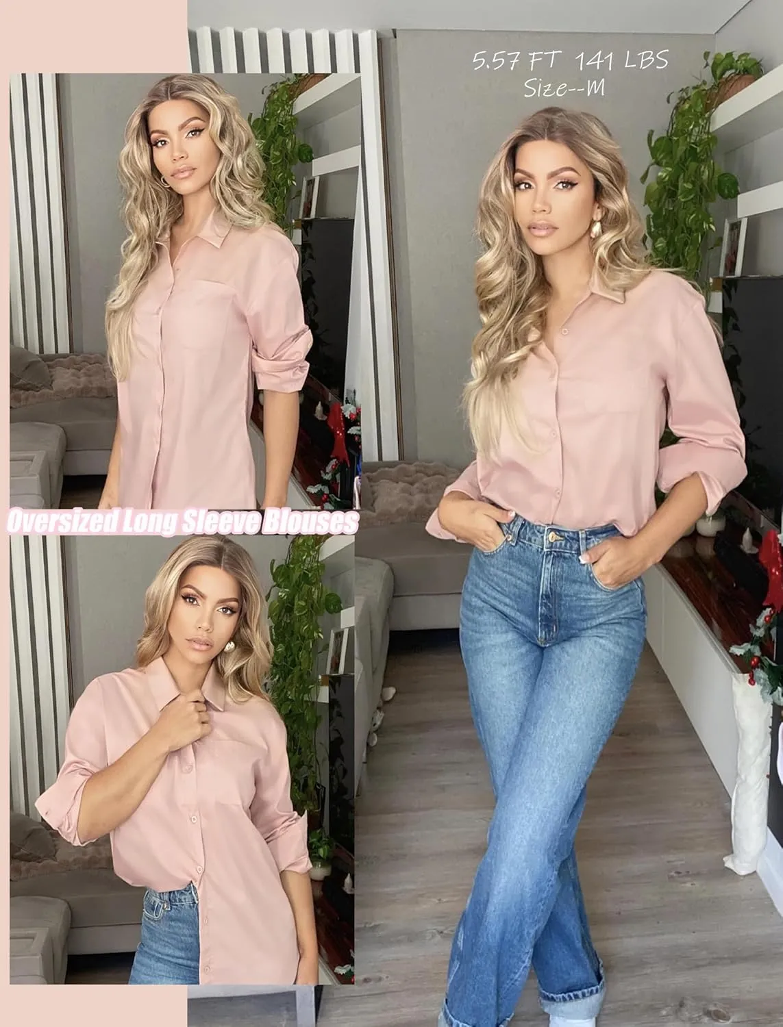 HOTOUCH Womens Button Down Shirt Basic Work Office Drop Shoulder Blouse Casual Loose Long Sleeve Tops with Pocket