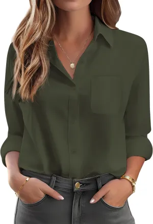 HOTOUCH Womens Button Down Shirt Basic Work Office Drop Shoulder Blouse Casual Loose Long Sleeve Tops with Pocket