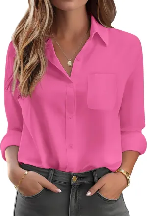 HOTOUCH Womens Button Down Shirt Basic Work Office Drop Shoulder Blouse Casual Loose Long Sleeve Tops with Pocket