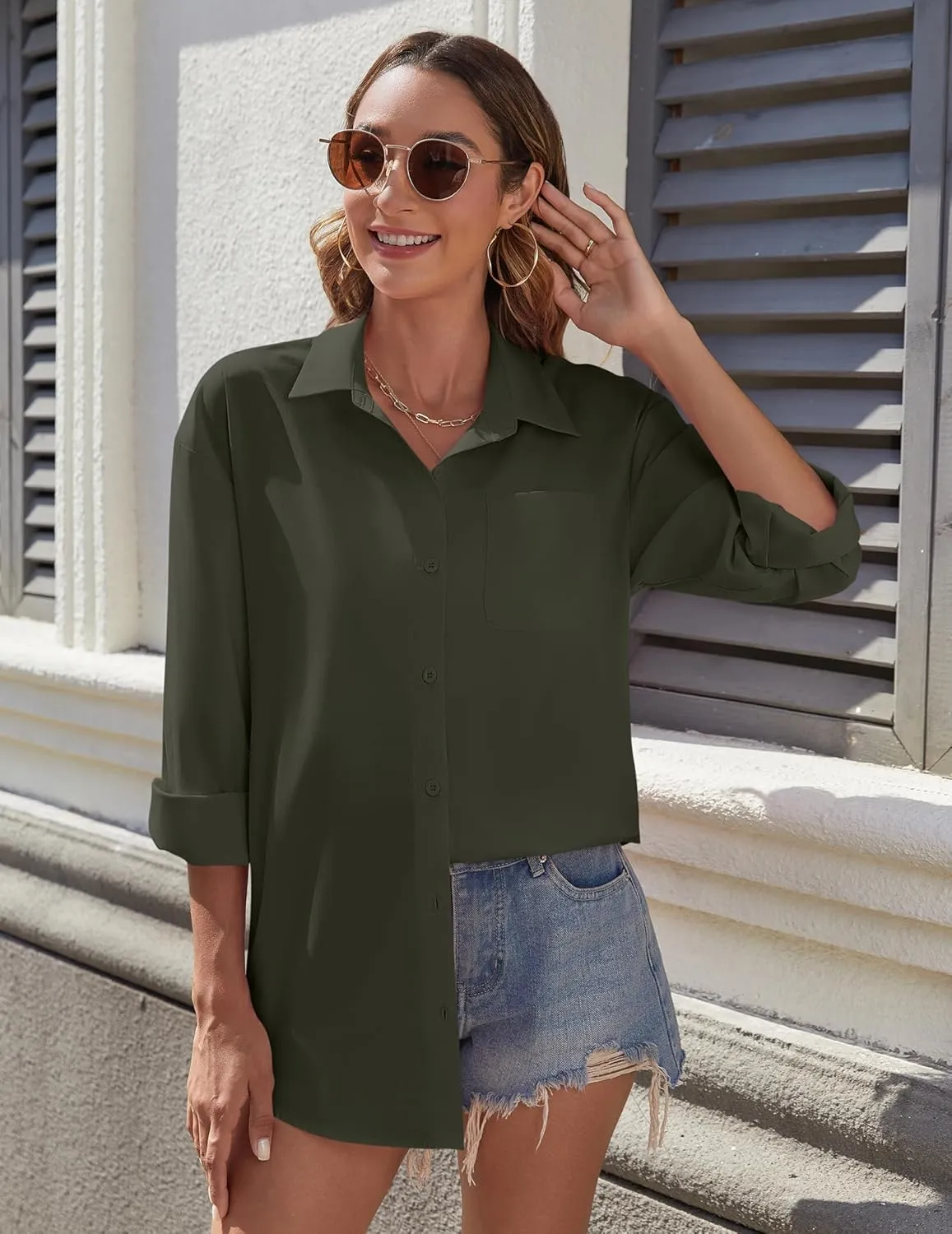 HOTOUCH Womens Button Down Shirt Basic Work Office Drop Shoulder Blouse Casual Loose Long Sleeve Tops with Pocket