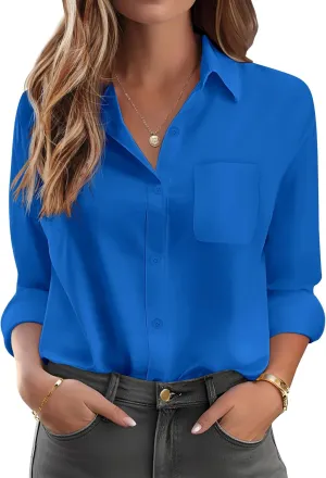 HOTOUCH Womens Button Down Shirt Basic Work Office Drop Shoulder Blouse Casual Loose Long Sleeve Tops with Pocket