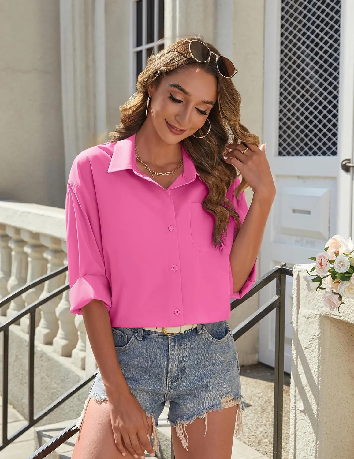 HOTOUCH Womens Button Down Shirt Basic Work Office Drop Shoulder Blouse Casual Loose Long Sleeve Tops with Pocket