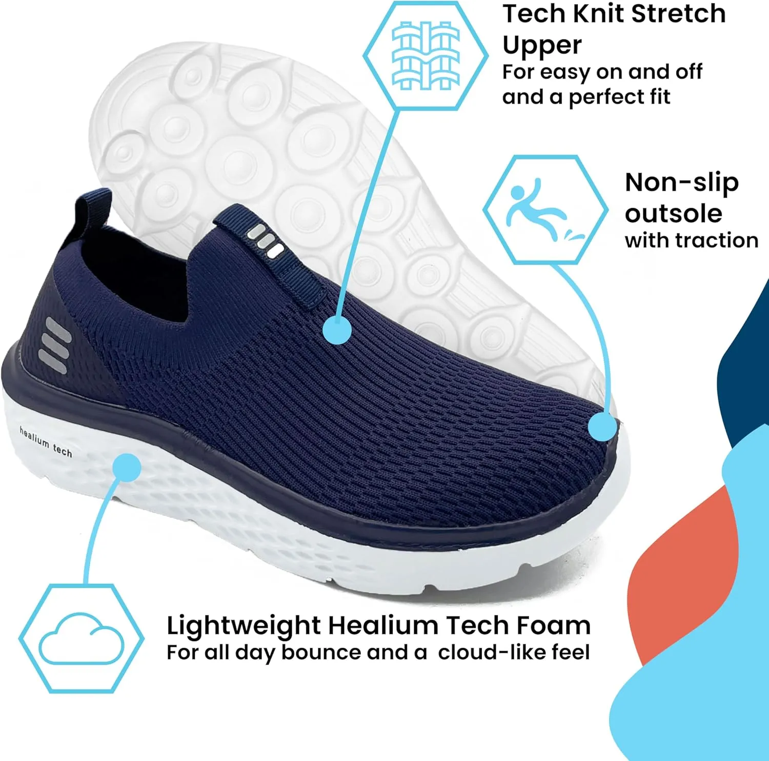 HUHV Tech Knit Unisex Lace-Up and Slip-On Recovery Lifestyle Walking and Athletic Shoe with HEALIUM Foam Lightweight Casual Non-Slip Comfortable Sneaker