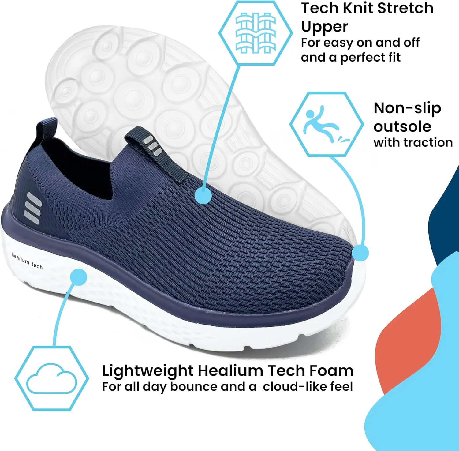 HUHV Tech Knit Unisex Lace-Up and Slip-On Recovery Lifestyle Walking and Athletic Shoe with HEALIUM Foam Lightweight Casual Non-Slip Comfortable Sneaker
