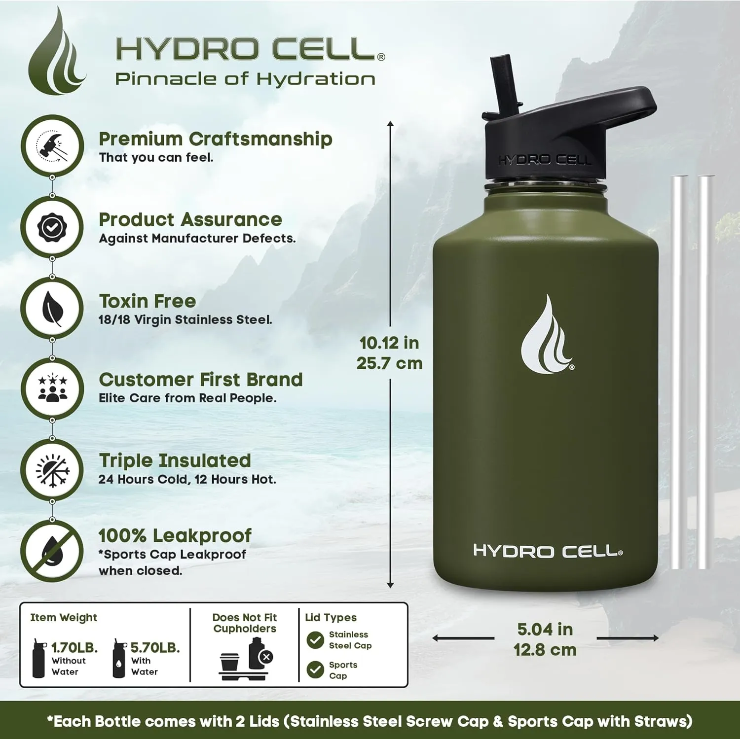 HYDRO CELL Stainless Steel Insulated Water Bottle with Straw - For Cold & Hot Drinks - Metal Vacuum Flask with Screw Cap and Modern Leakproof Sport Thermos for Adults (Army 64oz)
