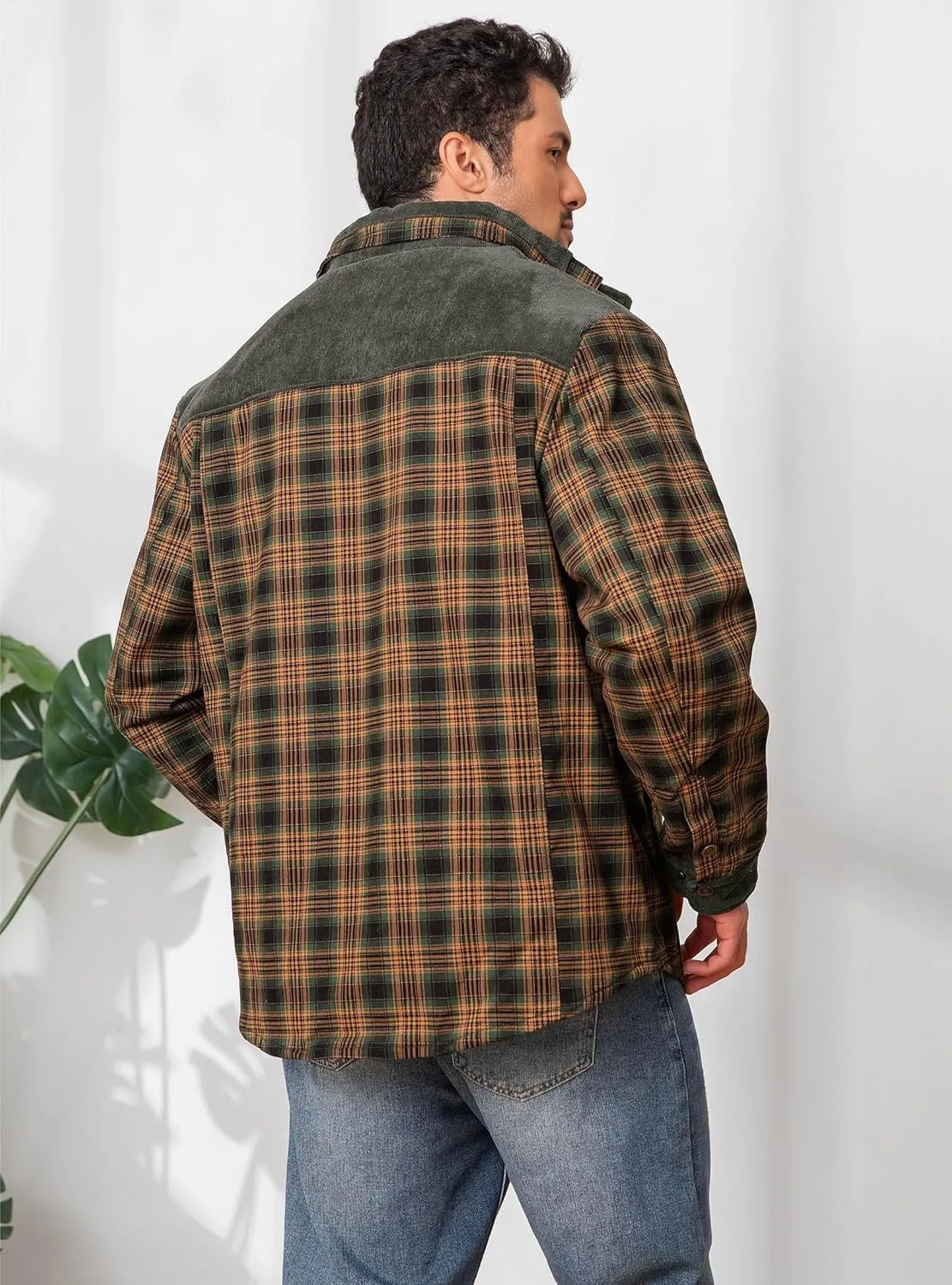 HYPESTFIT Men's Corduroy Plaid Sherpa Lined Flannel Shirt Jacket Fleece Coat