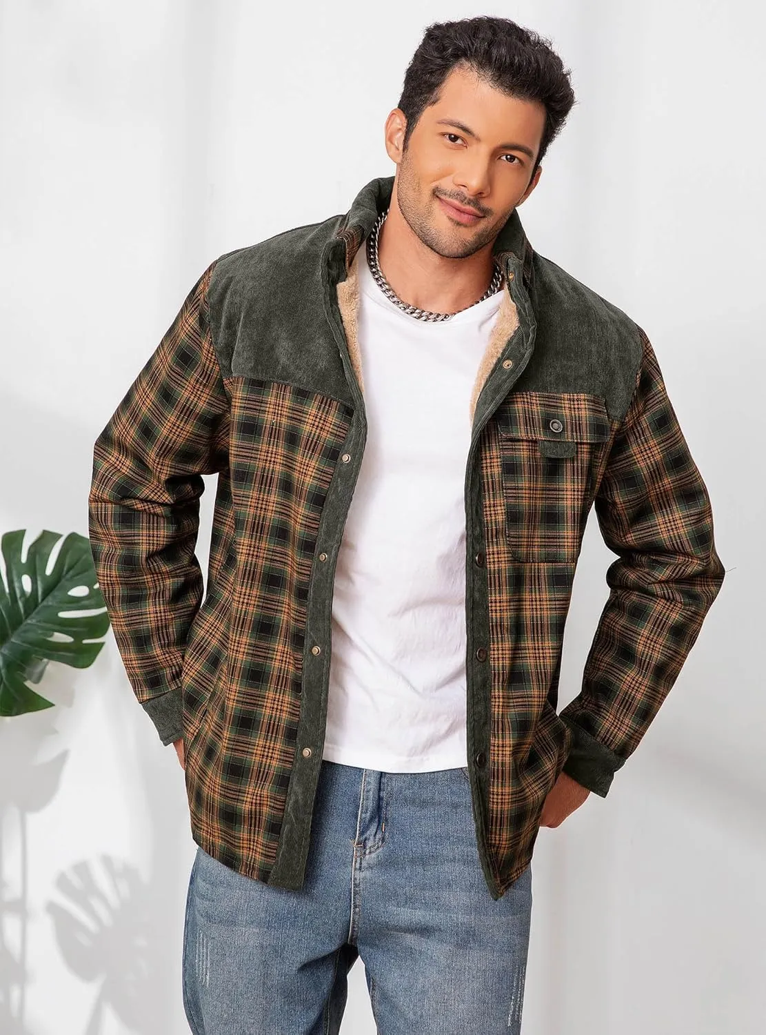 HYPESTFIT Men's Corduroy Plaid Sherpa Lined Flannel Shirt Jacket Fleece Coat