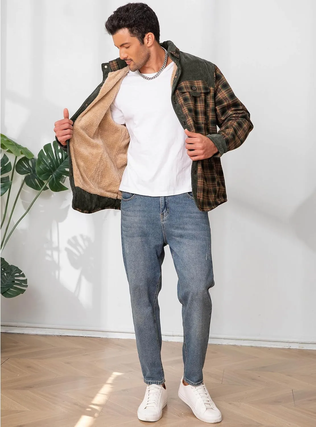 HYPESTFIT Men's Corduroy Plaid Sherpa Lined Flannel Shirt Jacket Fleece Coat