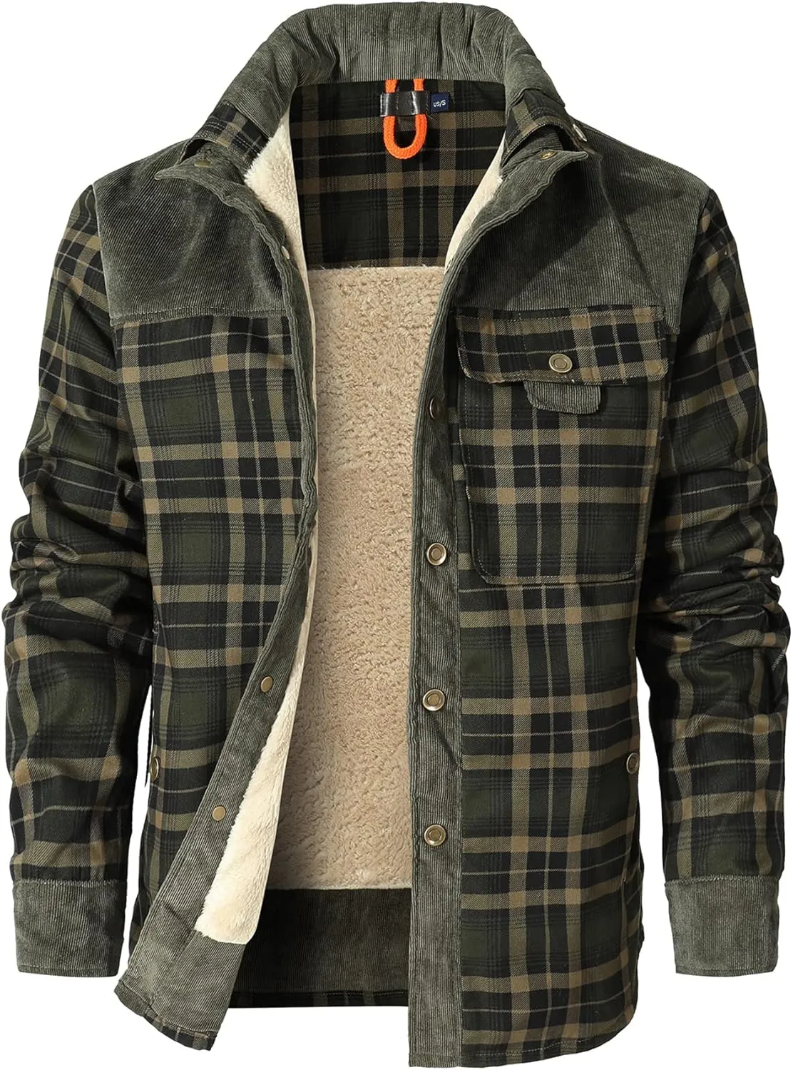HYPESTFIT Men's Corduroy Plaid Sherpa Lined Flannel Shirt Jacket Fleece Coat