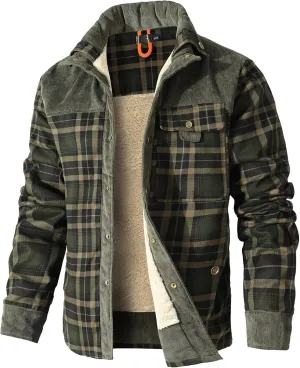 HYPESTFIT Men's Corduroy Plaid Sherpa Lined Flannel Shirt Jacket Fleece Coat