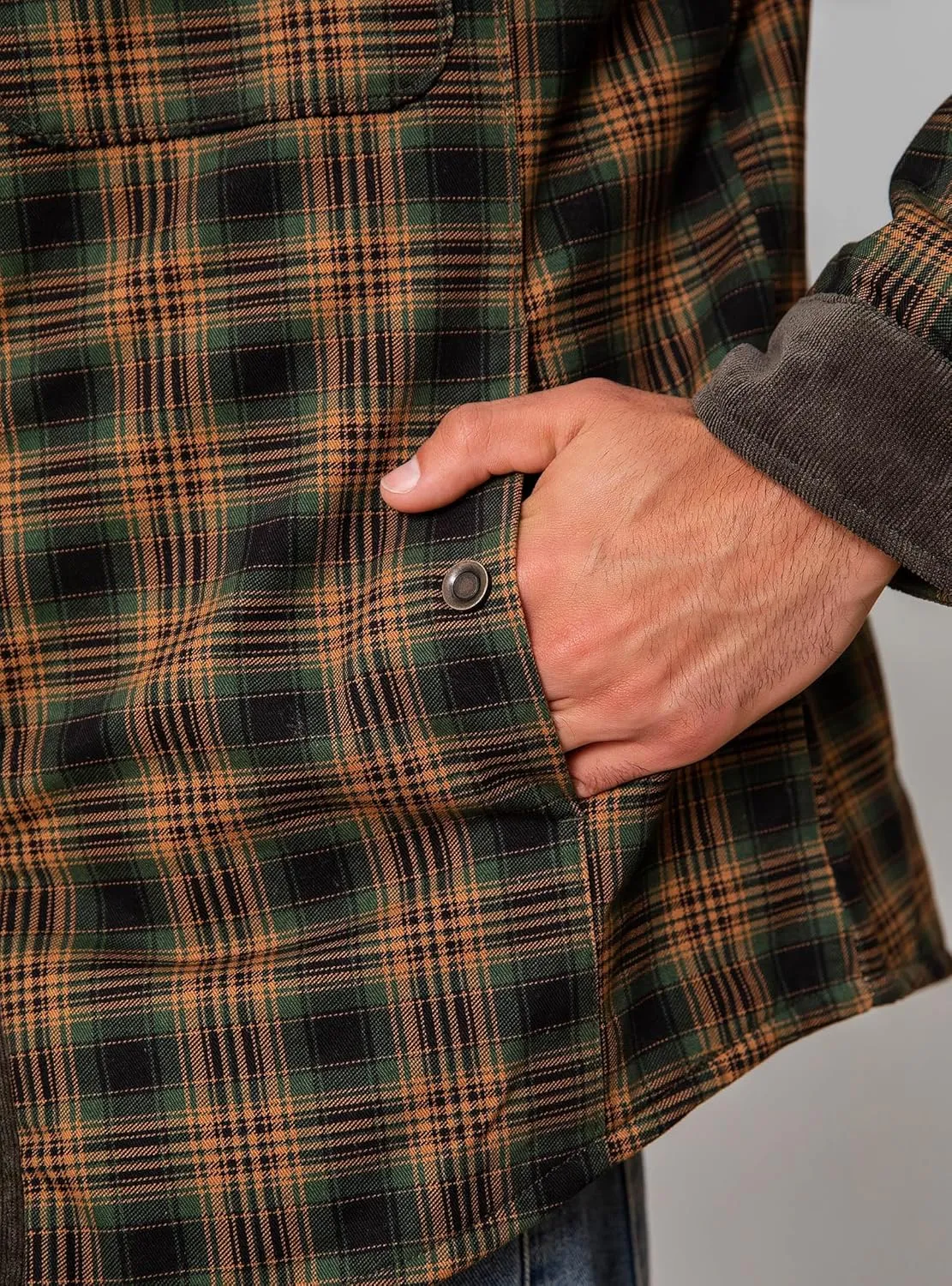 HYPESTFIT Men's Corduroy Plaid Sherpa Lined Flannel Shirt Jacket Fleece Coat