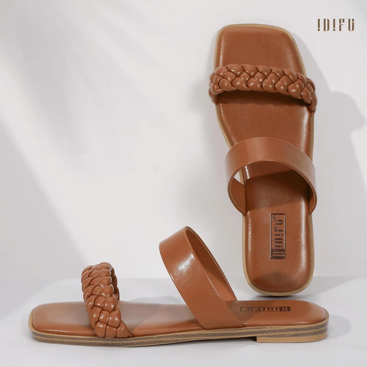IDIFU Womens Braided Sandals Dressy Summer Flat Strappy Slip on Square Open Toe Two Straps Slides Shoes Wedding Prom Travel Casual Beach Comfortable Cute Trendy Fashion Slide Sandals