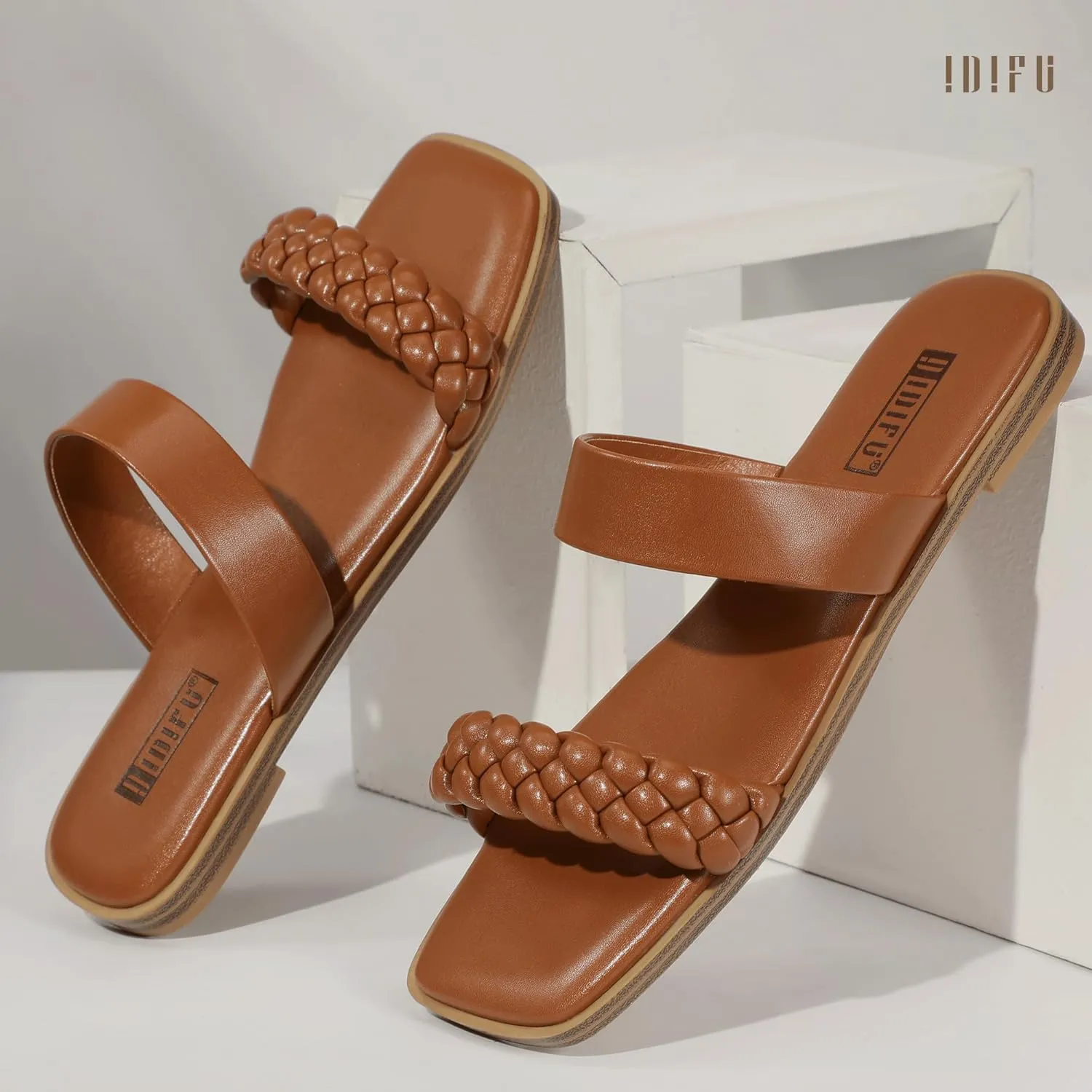 IDIFU Womens Braided Sandals Dressy Summer Flat Strappy Slip on Square Open Toe Two Straps Slides Shoes Wedding Prom Travel Casual Beach Comfortable Cute Trendy Fashion Slide Sandals