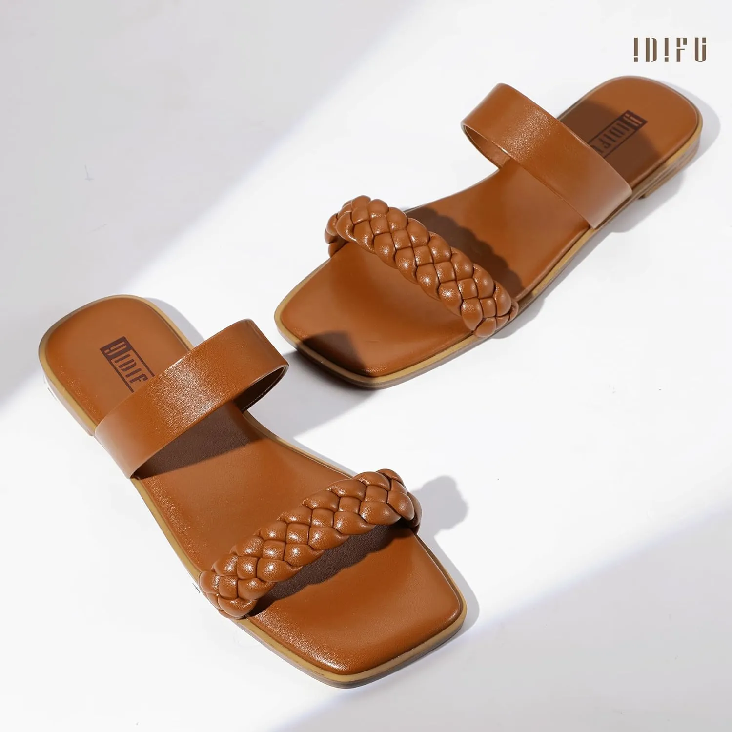IDIFU Womens Braided Sandals Dressy Summer Flat Strappy Slip on Square Open Toe Two Straps Slides Shoes Wedding Prom Travel Casual Beach Comfortable Cute Trendy Fashion Slide Sandals
