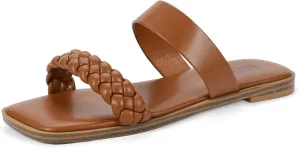 IDIFU Womens Braided Sandals Dressy Summer Flat Strappy Slip on Square Open Toe Two Straps Slides Shoes Wedding Prom Travel Casual Beach Comfortable Cute Trendy Fashion Slide Sandals