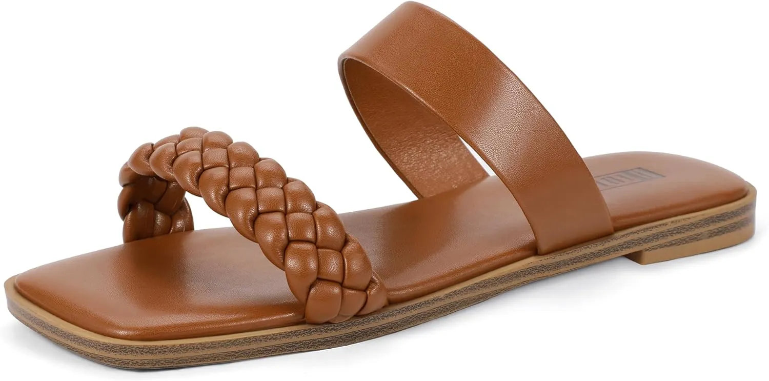IDIFU Womens Braided Sandals Dressy Summer Flat Strappy Slip on Square Open Toe Two Straps Slides Shoes Wedding Prom Travel Casual Beach Comfortable Cute Trendy Fashion Slide Sandals
