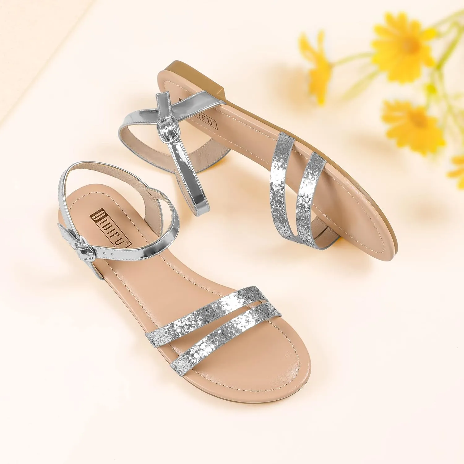 IDIFU Women's Flat Sandals Dressy Summer Strappy Sandals Open Toe Slingback Ankle Strap Dress Sandals with Two Toe Strap Wedding Prom Beach Bride Bridesmaid Sandals Comfortable Fashion Cute Sandals
