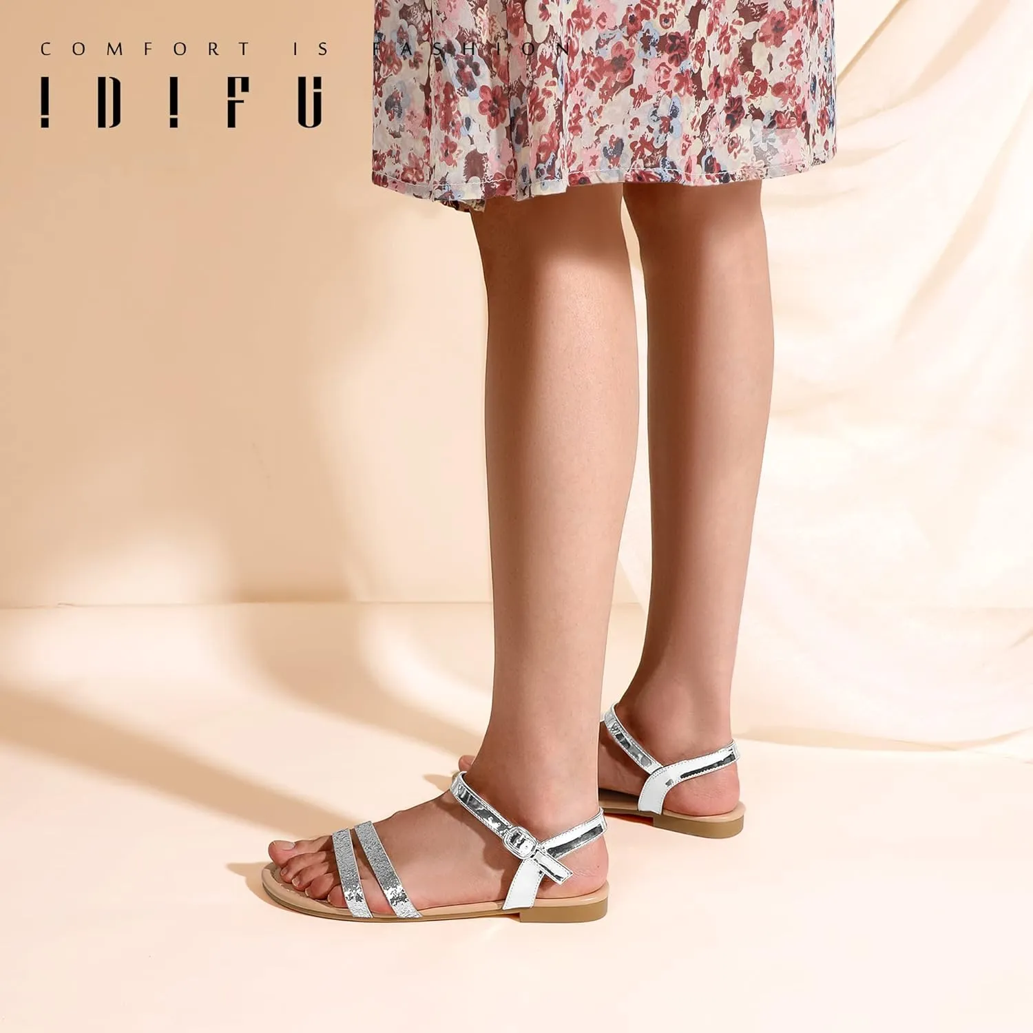 IDIFU Women's Flat Sandals Dressy Summer Strappy Sandals Open Toe Slingback Ankle Strap Dress Sandals with Two Toe Strap Wedding Prom Beach Bride Bridesmaid Sandals Comfortable Fashion Cute Sandals