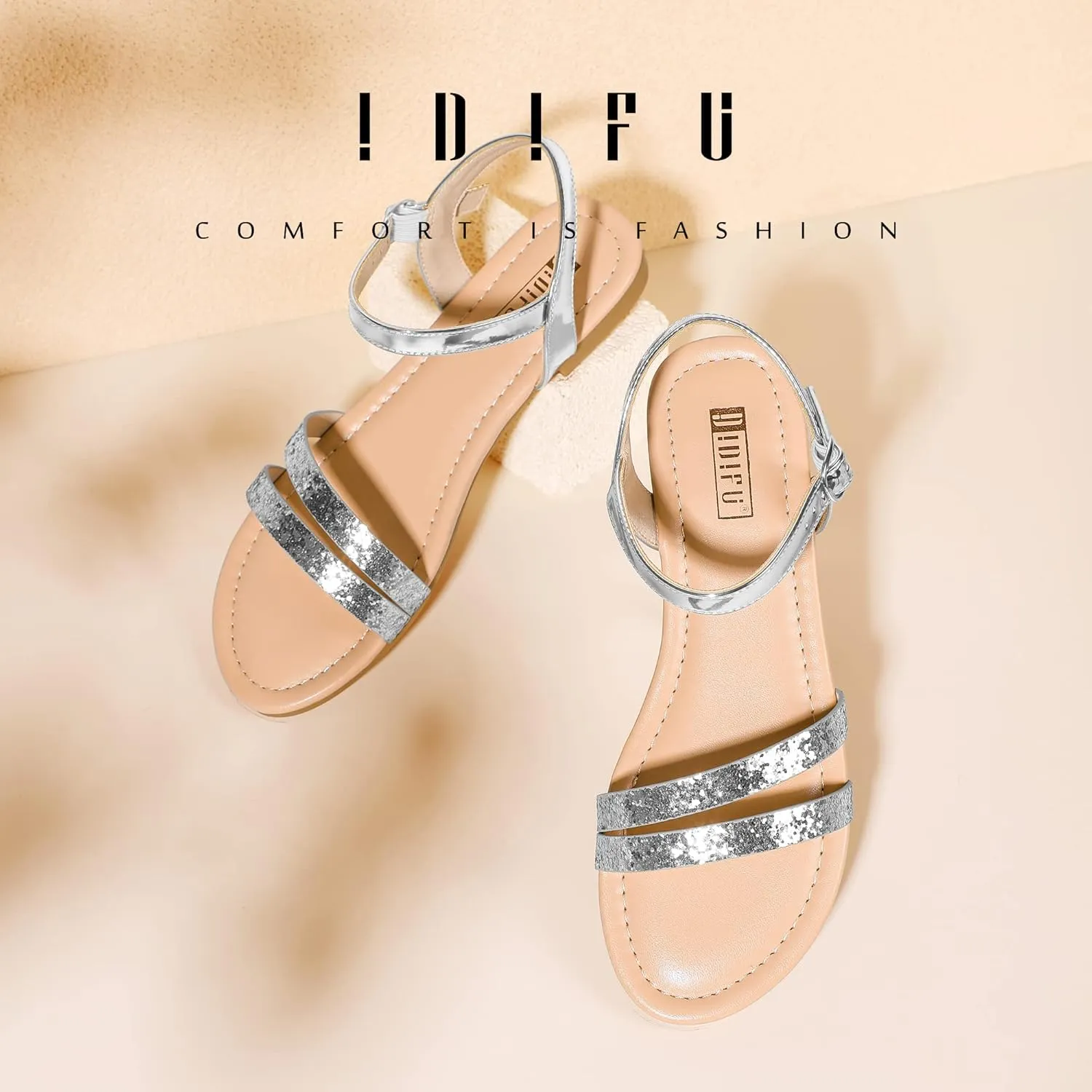 IDIFU Women's Flat Sandals Dressy Summer Strappy Sandals Open Toe Slingback Ankle Strap Dress Sandals with Two Toe Strap Wedding Prom Beach Bride Bridesmaid Sandals Comfortable Fashion Cute Sandals