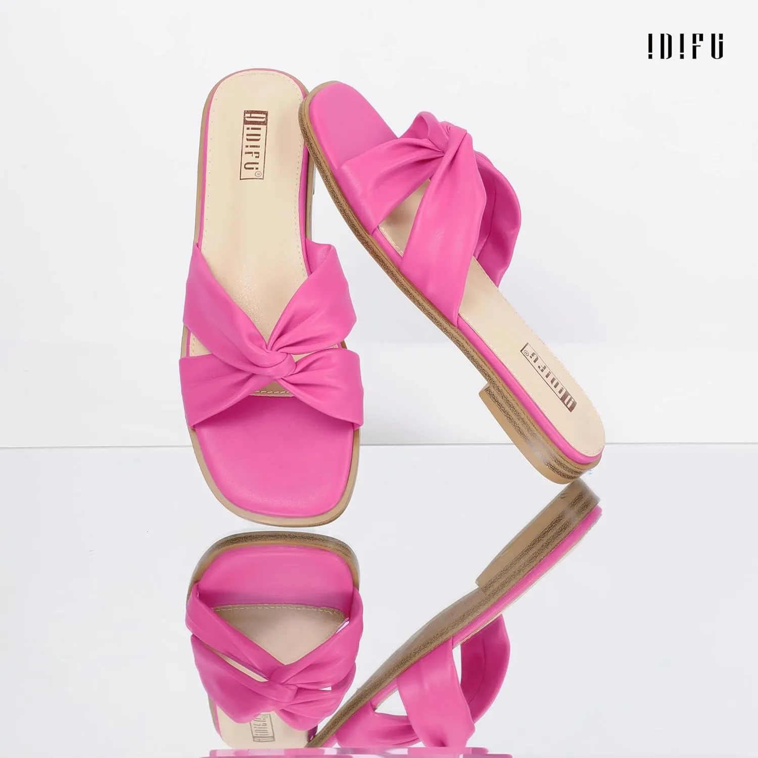 IDIFU Women's Flat Sandals Square Open Toe Slip On Sandals for Women Beach Summer Comfortable Dress Sandals Dressy Cute Walking Slide Sandals Casual Twist Strap Sandals
