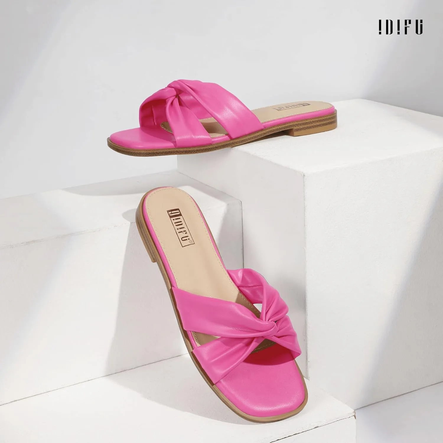 IDIFU Women's Flat Sandals Square Open Toe Slip On Sandals for Women Beach Summer Comfortable Dress Sandals Dressy Cute Walking Slide Sandals Casual Twist Strap Sandals