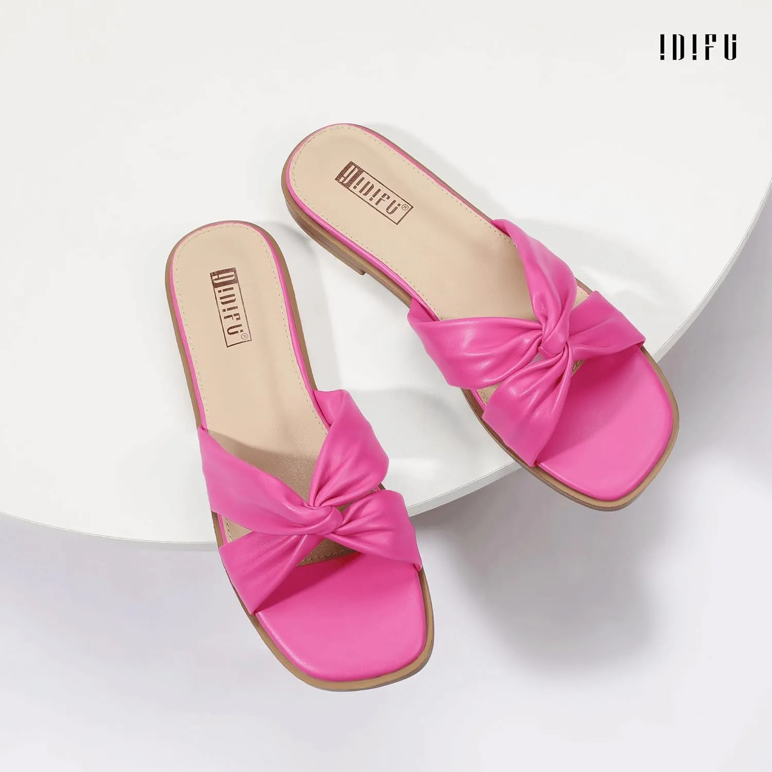 IDIFU Women's Flat Sandals Square Open Toe Slip On Sandals for Women Beach Summer Comfortable Dress Sandals Dressy Cute Walking Slide Sandals Casual Twist Strap Sandals