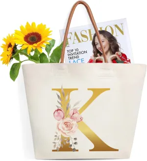Initial Canvas Tote Bag-K, Bridal Shower Gifts for Bride, Birthday Gifts for Women Mom Sister, Personalized Multipurpose Shoulder Bag with Leather Handle, Durable Beach Bag Shopping Bags,K