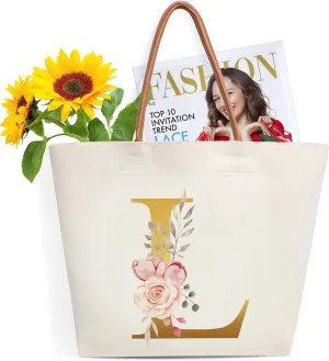 Initial Canvas Tote Bag-L, Bridal Shower Gifts for Bride, Birthday Gifts for Women Mom Sister, Personalized Multipurpose Shoulder Bag with Leather Handle, Durable Beach Bag Shopping Bags,L