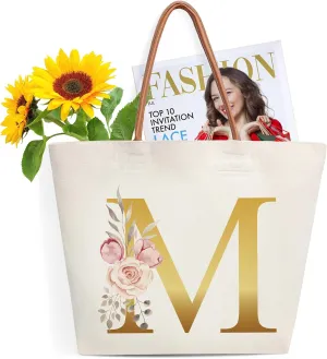 Initial Canvas Tote Bag-M, Bridal Shower Gifts for Bride, Birthday Gifts for Women Mom Sister, Personalized Multipurpose Shoulder Bag with Leather Handle, Durable Beach Bag Shopping Bags,M