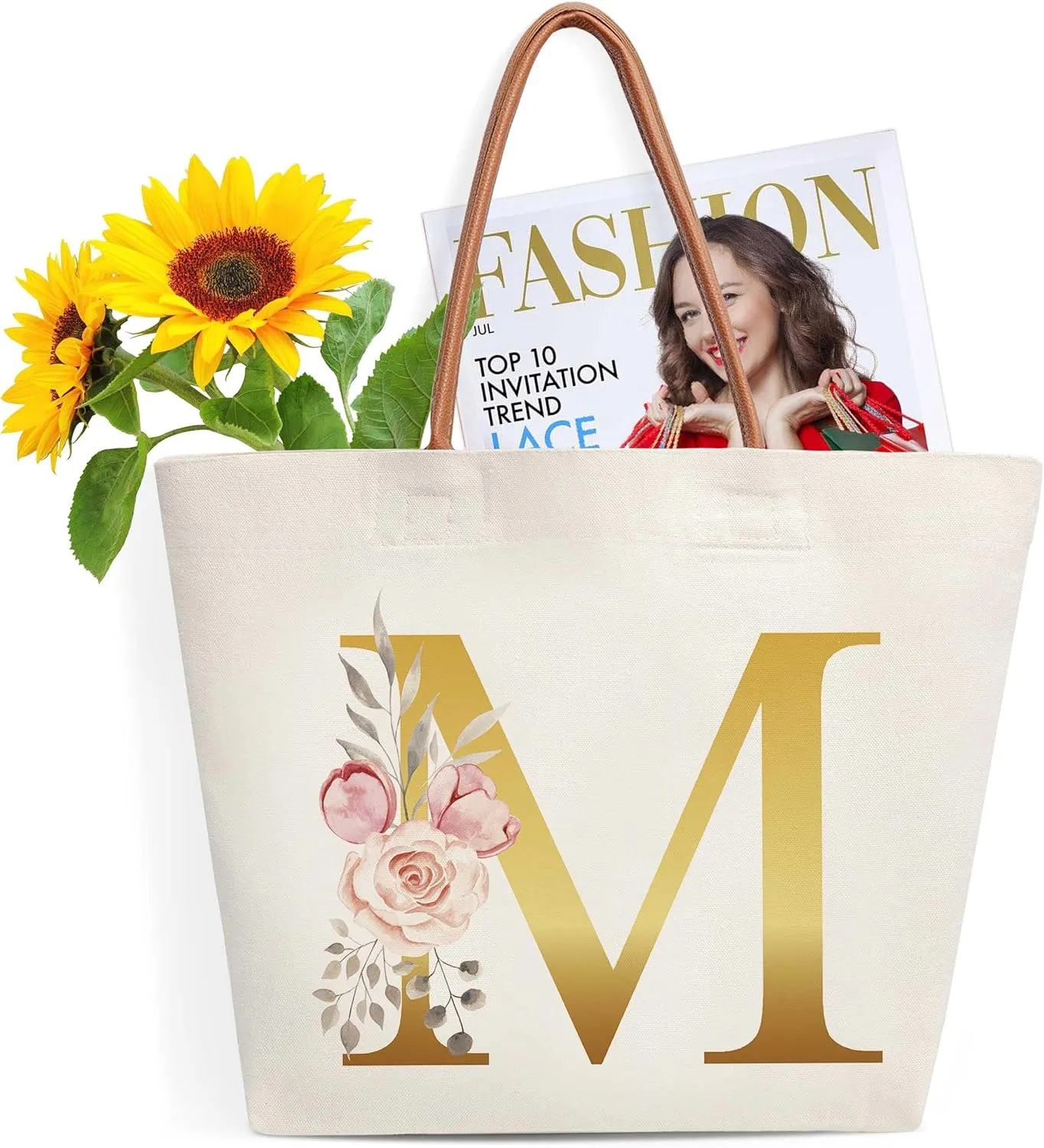 Initial Canvas Tote Bag-M, Bridal Shower Gifts for Bride, Birthday Gifts for Women Mom Sister, Personalized Multipurpose Shoulder Bag with Leather Handle, Durable Beach Bag Shopping Bags,M